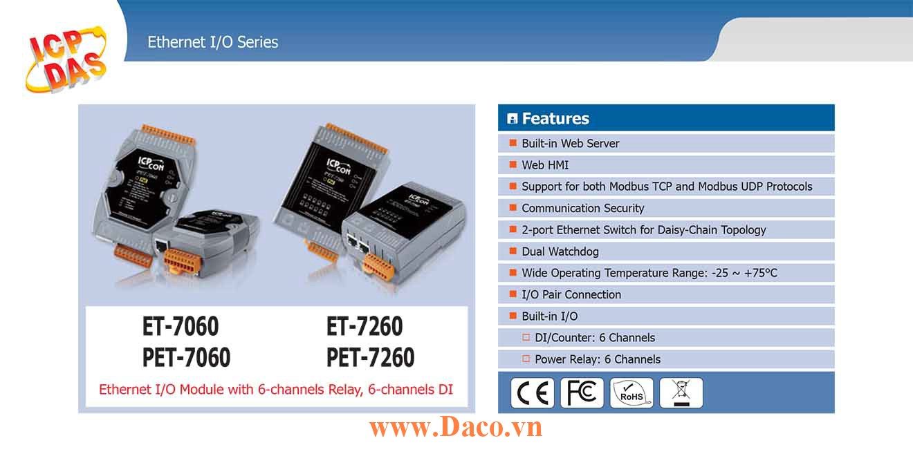 PET-7060 Remote IO Ethernet POE 10/100 LANx1 DI=6 Wet Sink/Source, DO=6 Power Relay 5A