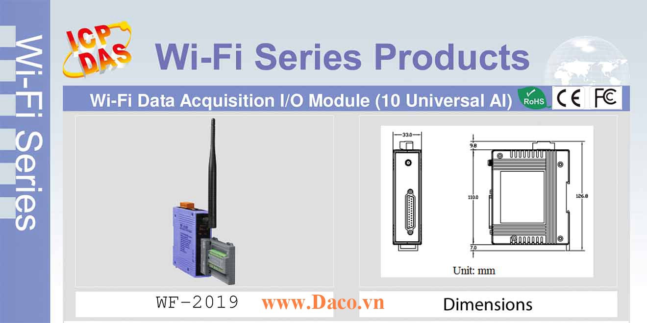 WF-2019 Remote IO Wifi IO Công suất=8dBm Khoảng cách=50m AI=10 mV-V-mA-Thermocouple