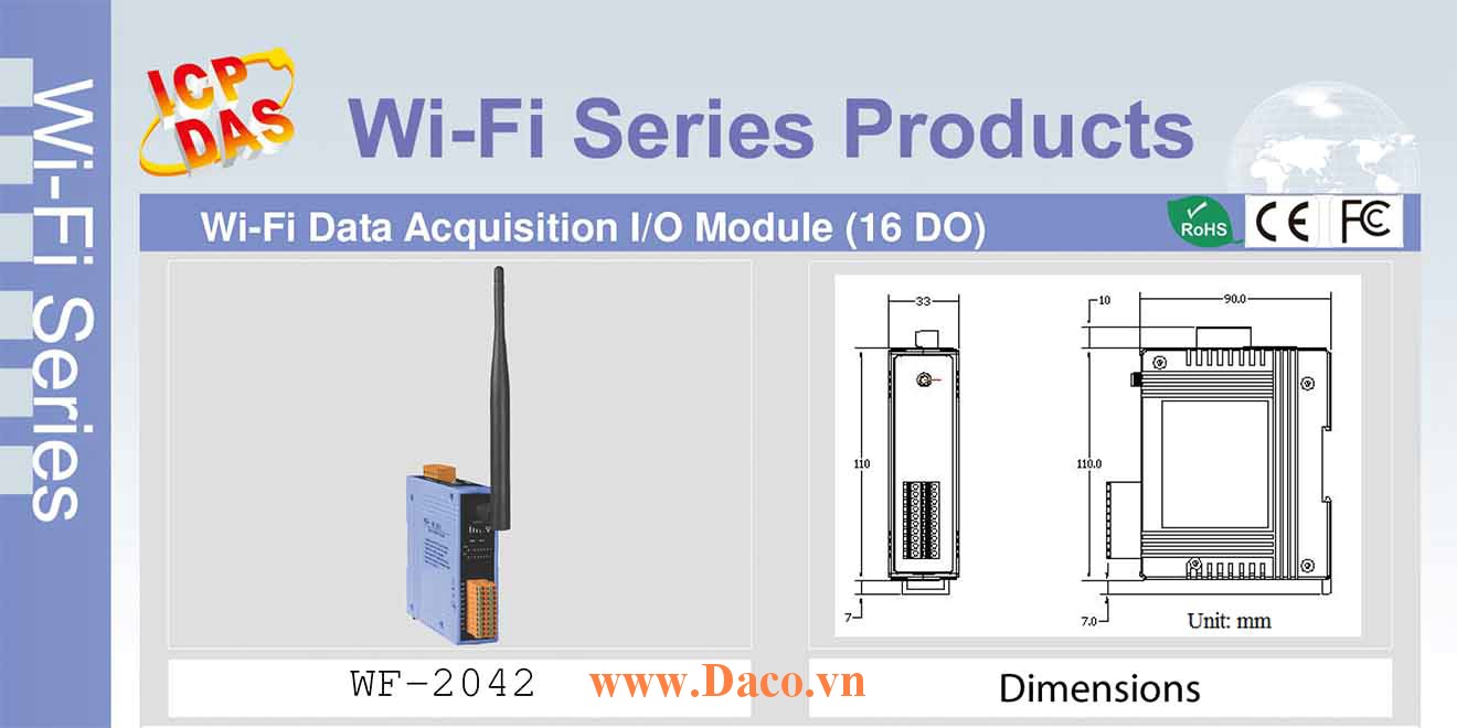 WF-2042 Remote IO Wifi IO Công suất=8dBm Khoảng cách=50m DO=16 Sink 700mA