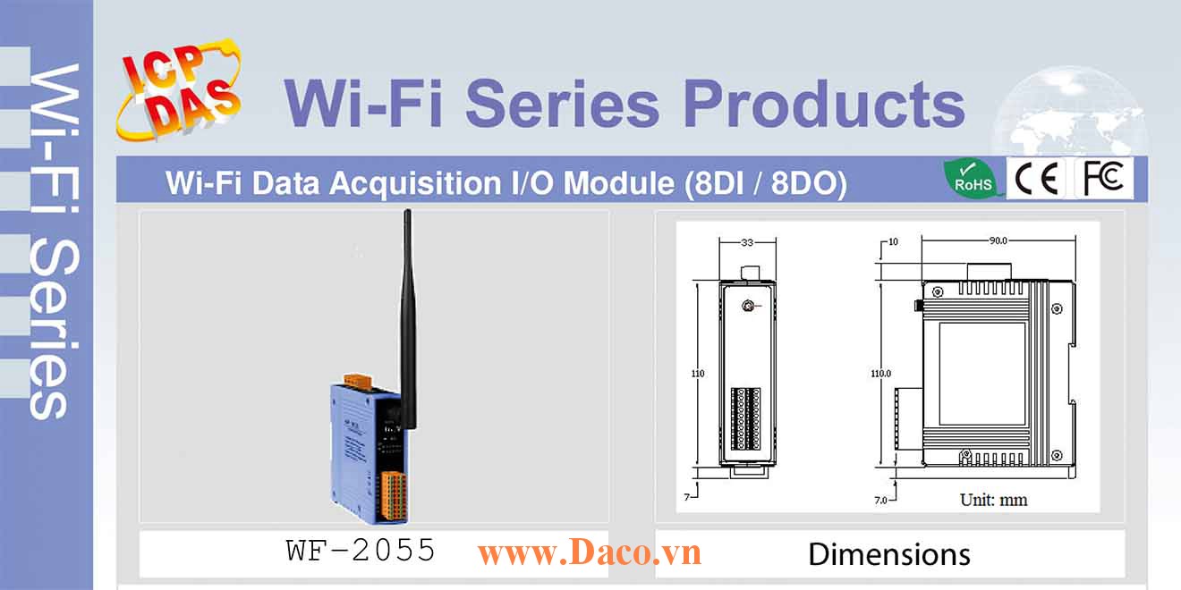 WF-2055 Remote IO Wifi IO Công suất=8dBm Khoảng cách=50m DI=8 Dry, Wet Sink/Source, DO=8 Open Collector  Sink 700mA