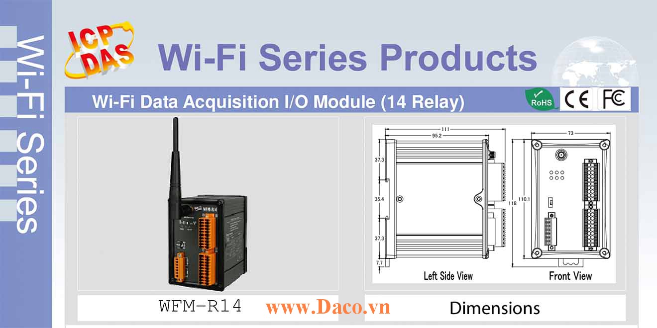 WFM-R14 Remote IO Wifi IO Công suất=8dBm Khoảng cách=50m DO=14 Power Relay 5A