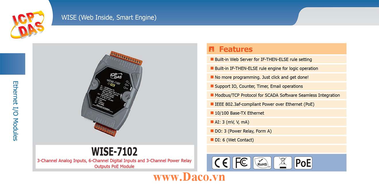 WISE-7102 Remote IO Module 10/100 Base-TX PoE DI=6, DO=3, AI=3