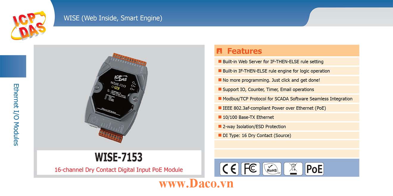 WISE-7153 Remote IO Module 10/100 Base-TX PoE DI=16 (Dry Contact)