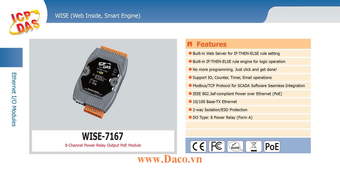 WISE-7167 Remote IO Module 10/100 Base-TX PoE DO=8 (Power Relay)