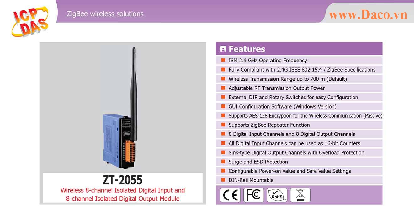 ZT-2055 Remote IO ZigBee DI/O Công suất Wifi=11dBm Khoảng cách=700m DI=8 Sink/Source , DO=8 Sink 650mA