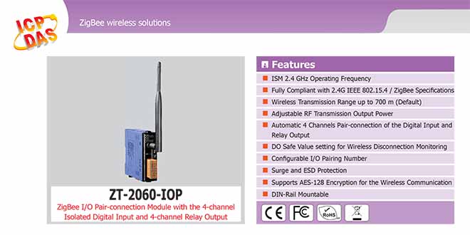 ZT-2060-IOP Remote IOP ZigBee DI/O Công suất =11dBm Khoảng cách=700m DI=4 Sink/Source , DO=4 Relay 5A