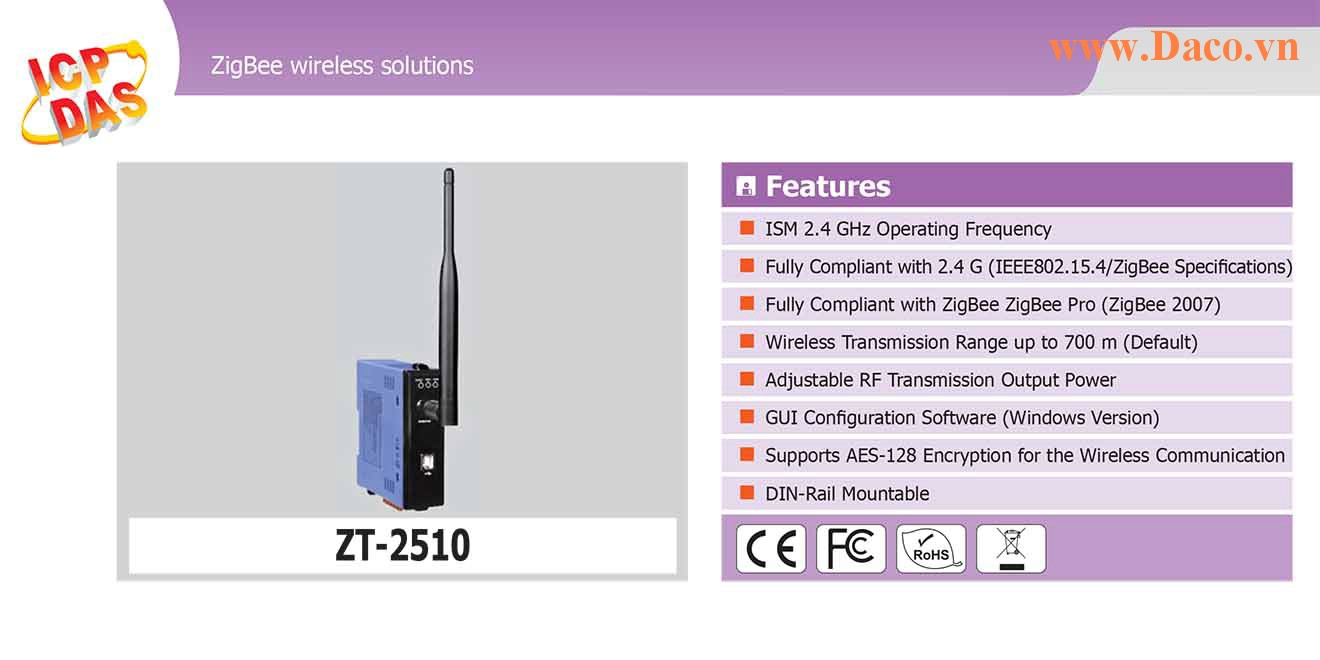 ZT-2510 Trạm lặp sóng Wifi ZigBee Công suất Wifi=11dBm Khoảng cách=700m Giao tiếp USB