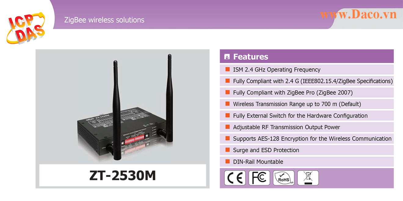 ZT-2530M Trạm lặp sóng Wifi ZigBee Công suất Wifi=11dBm Khoảng cách=700m Giao tiếp USB
