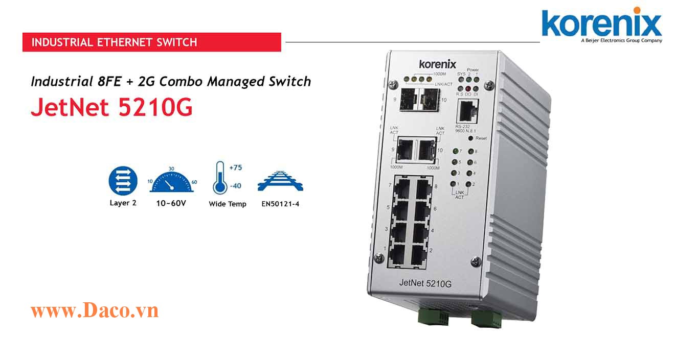 JetNet 5210G Managed Switch công nghiệp Korenix 8 FE, 2GbE Port
