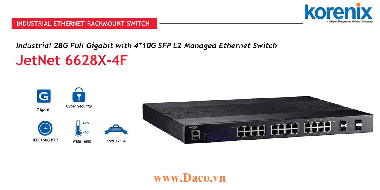 JetNet 6628X-4F Managed Switch công nghiệp Korenix 28 GbE/4*10 GbE SFP Port