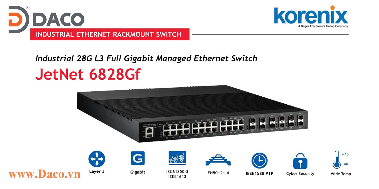 JetNet 6828Gf Managed Switch công nghiệp Korenix 16 GbE, 8 GbE SFP Combo, 4 GbE SFP Port