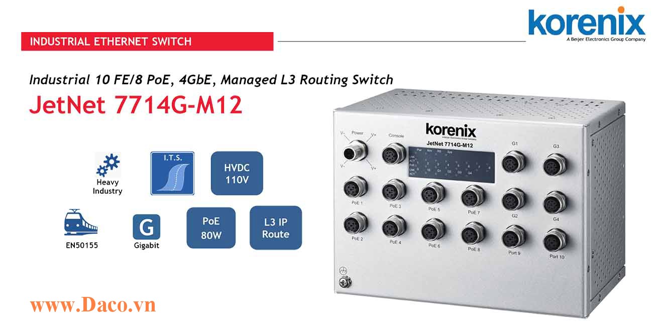 JetNet 7714G-M12 HVDC Managed Switch công nghiệp Korenix 10FE/8 4GbE Port