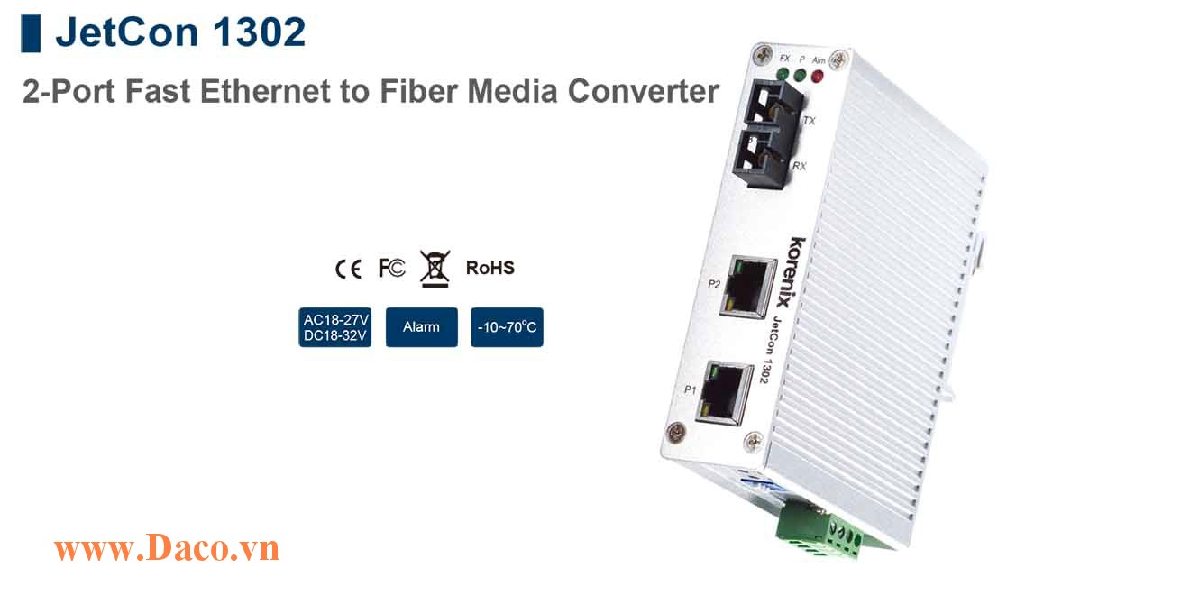 JetCon 1302 Bộ chuyển đổi truyền thông từ Fast Ethernet sang cáp sợi quang 2 FE Port