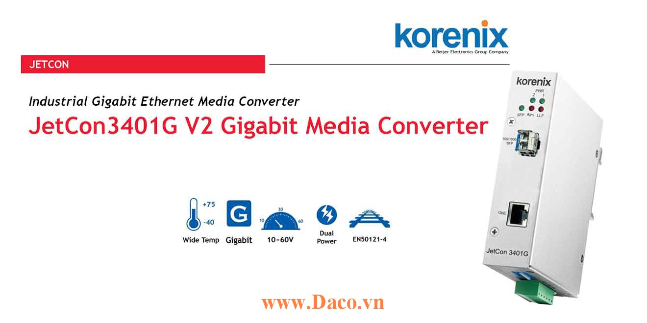 JetCon 3401G-V2 Korenix Bộ chuyển đổi truyền thông công nghiệp LAN-Fiber 1 Port Gigabit LAN, 1 Port Fiber