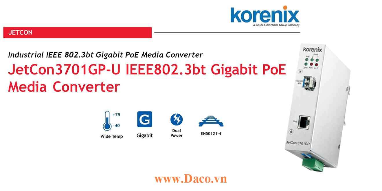 JetCon 3701GP-U Korenix Bộ chuyển đổi truyền thông công nghiệp LAN-Fiber 1 Port Gigabit POE LAN, 1 Port Fiber