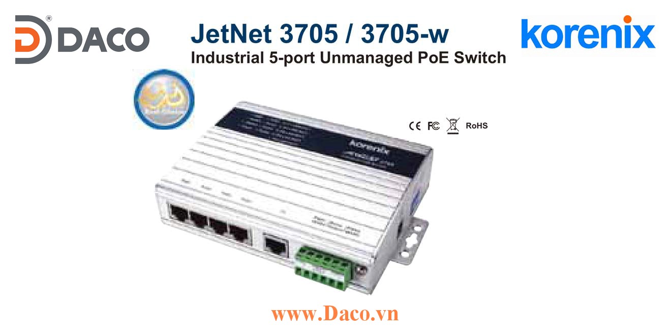 JetNet 3705 Korenix Industrial 5-port Power Over Ethernet Switch  5 POE Port