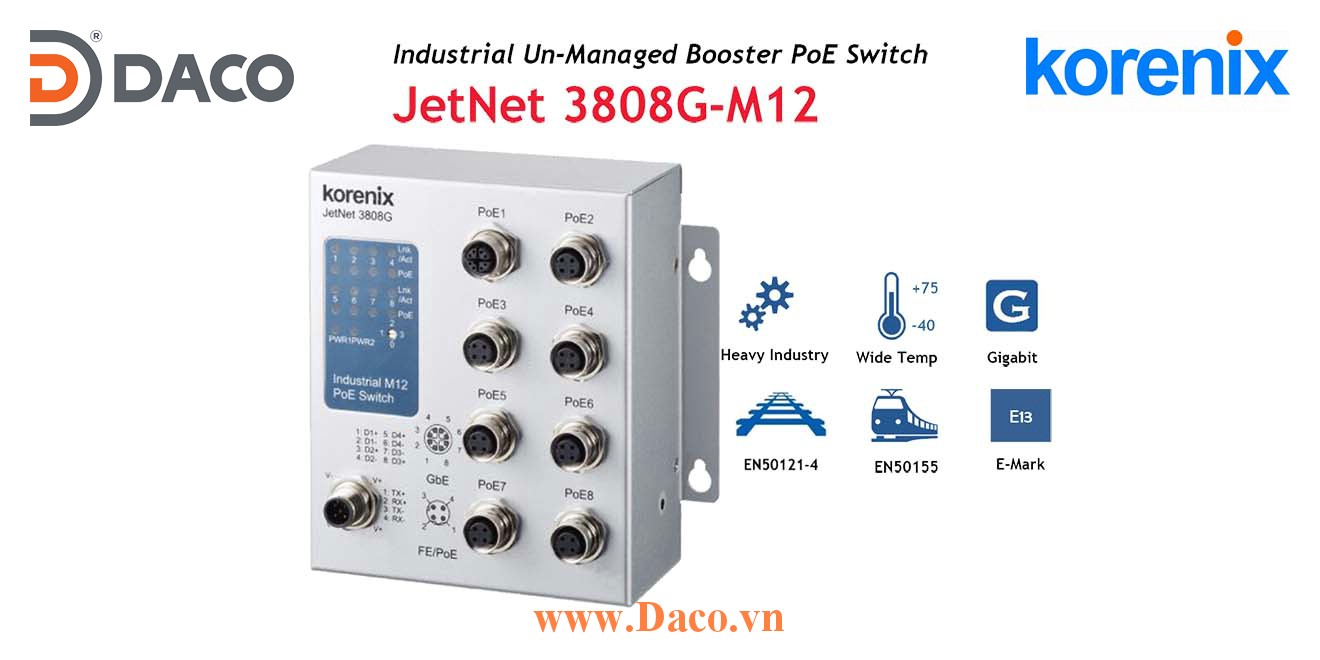JetNet 3808G-M12 Korenix Industrial POE Unmanaged Booster Switch 8 POE Port