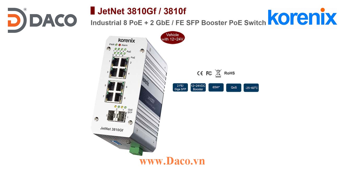JetNet 3810Gf Korenix Industrial POE SFP Booster Switch 8 POE Port+2 GbE/FE SFP Port