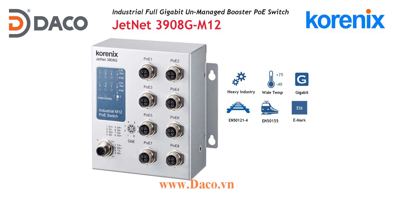 JetNet 3908G-M12 Korenix Industrial POE SFP Booster Switch 8 POE Port