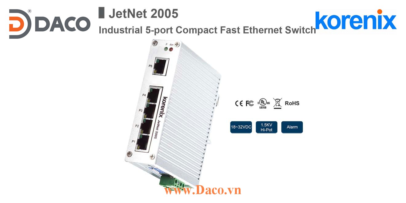 JetNet 2005 Korenix Unmanaged Switch công nghiệp Gigabit Ethernet 5 cổng LAN