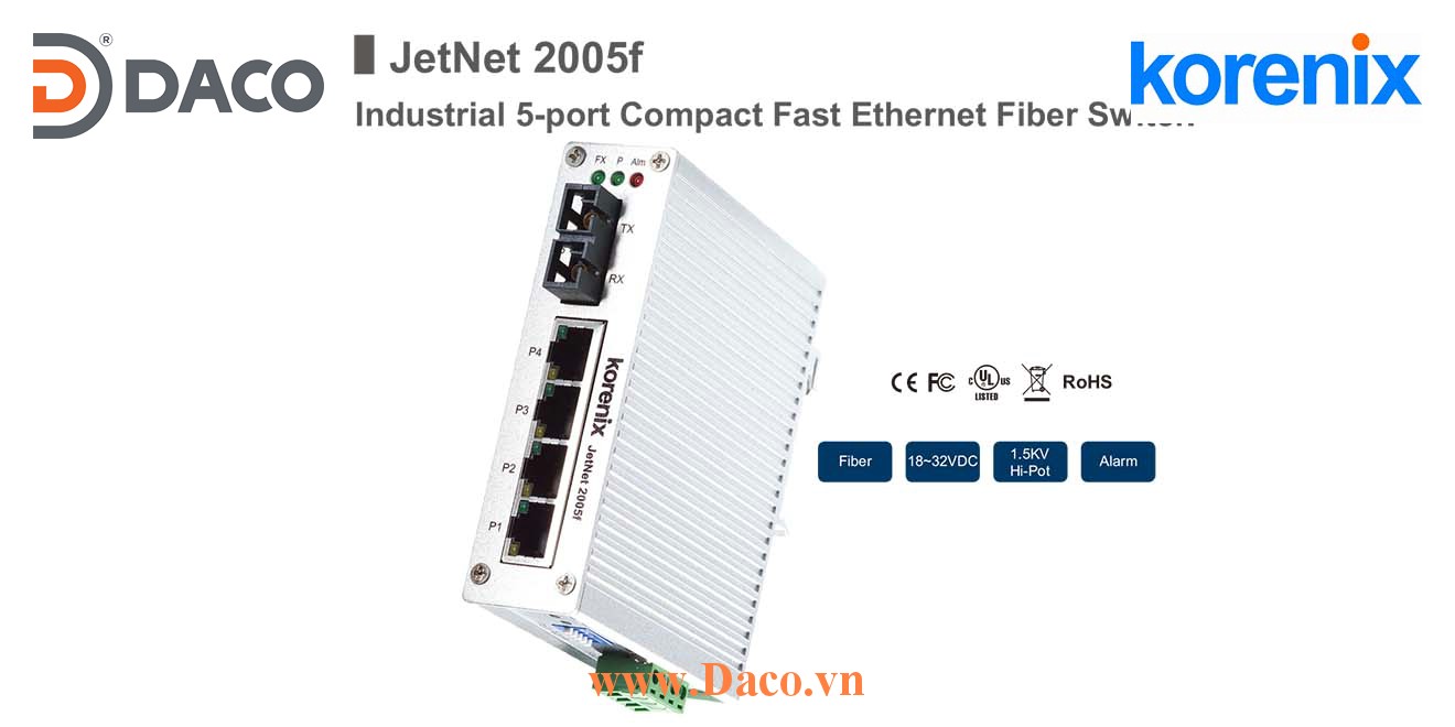 JetNet 2005f Korenix Unmanaged Switch công nghiệp Gigabit Ethernet 4 cổng LAN, 1 cổng quang