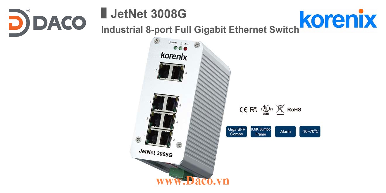 JetNet 3008G Korenix Unmanaged Switch công nghiệp Gigabit Ethernet 8 cổng LAN