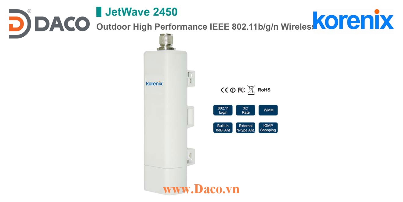 JetWave 2450V1 Korenix Switch không dây công nghiệp ngoài trời 150Mbps PoE cổng LAN, khoảng cách truyền 5Km