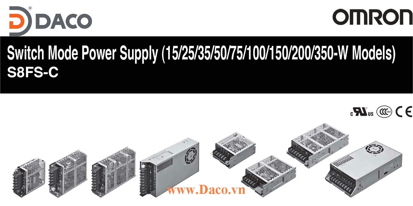 S8FS-C Bộ chuyển nguồn Omron 100-240VAC=>5-12-15-24-36-48VDC-Công suất 15-30-50-100-150-300-600W