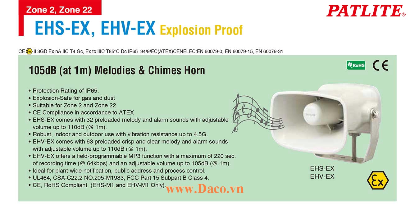 EHV-M1HG-EX Loa báo hiệu MP3 phòng nổ Patlite 63 âm 105dB, ghi âm MP3 IP65, ATEX, Zone 2
