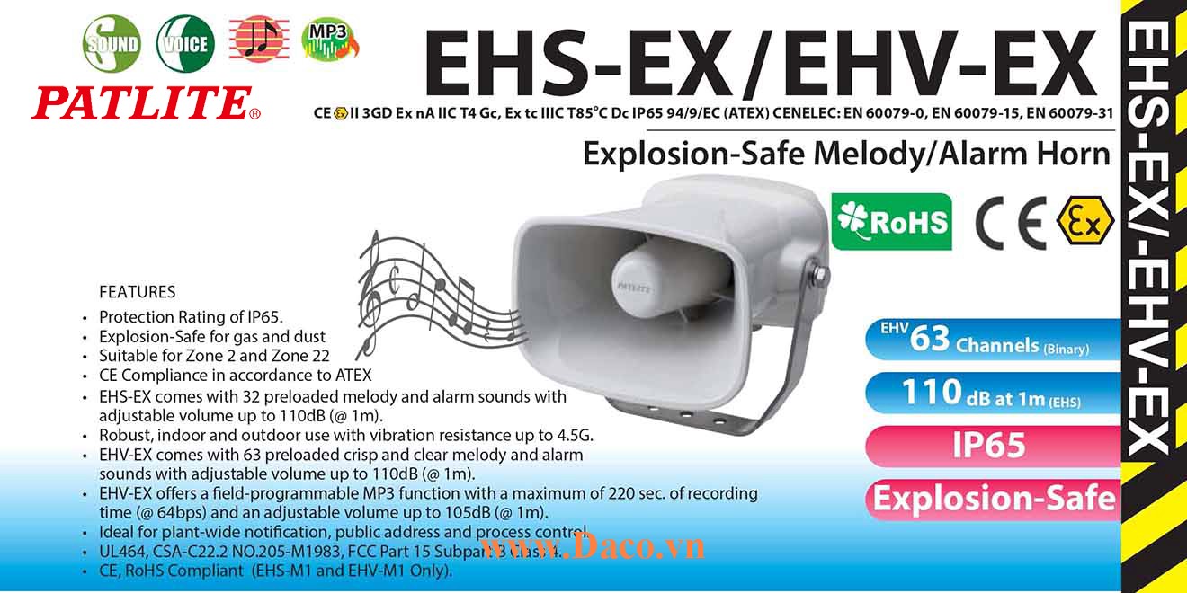 EHV-M1TG-EX Loa báo hiệu MP3 phòng nổ Patlite 63 âm 105dB, ghi âm MP3 IP65, ATEX, Zone 2