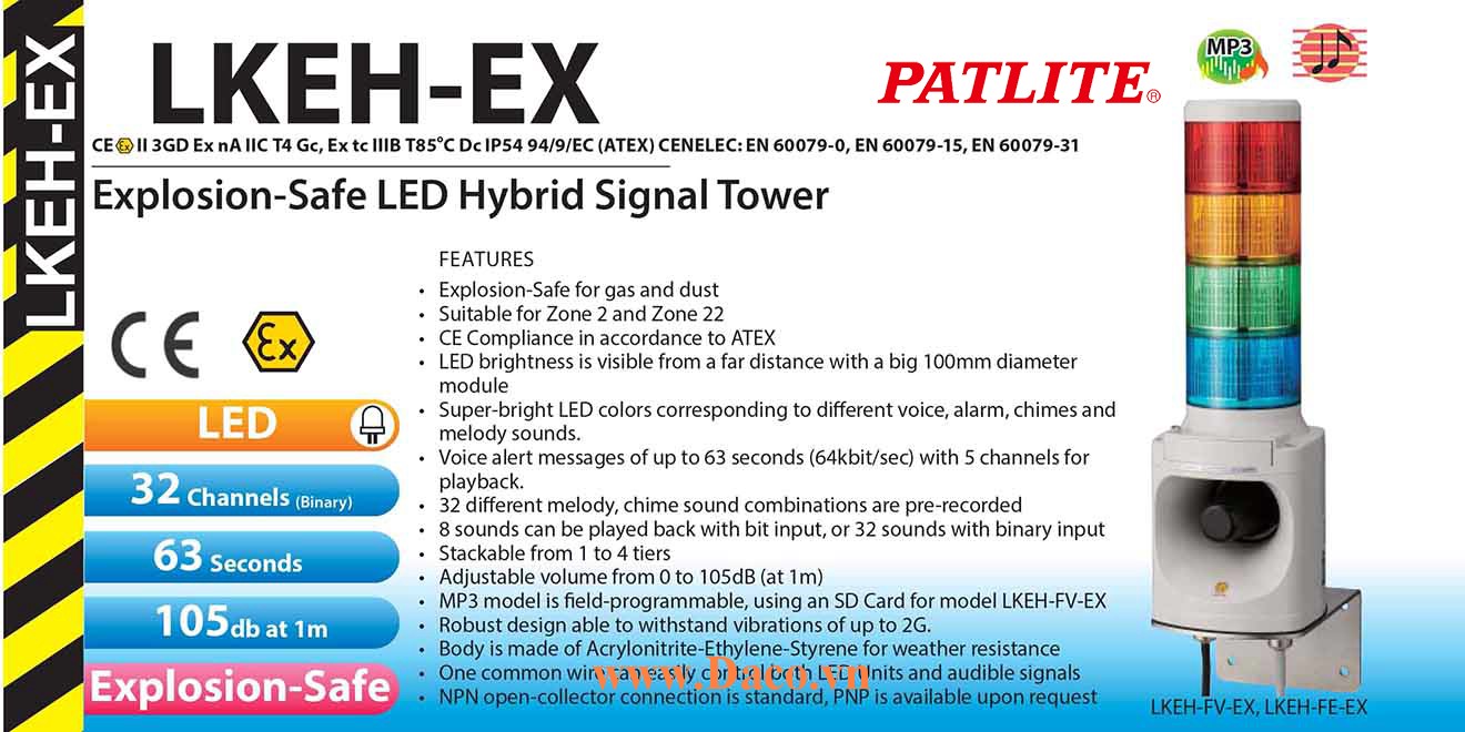 LKEH-402FVF-RYGB-EX Đèn tháp phòng nổ âm mp3 Patlite 4 Tầng Φ100 Bóng LED, Nhấp nháy 31 kênh MP3 105dB, 5 kênh bit đầu vào IP54, ATEX, Zone 2