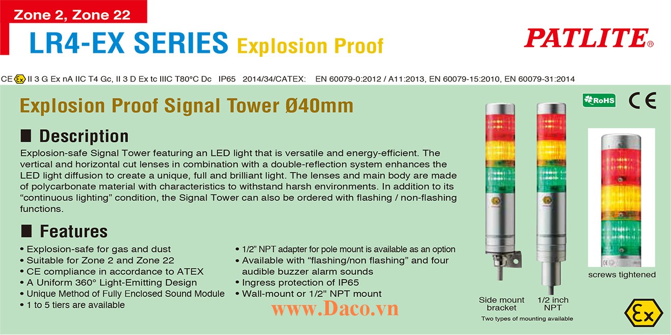 LR4-302NJNU-RYC-EX Đèn tháp phòng nổ Patlite Φ40 Bóng LED 3 tầng IP65, ATEX, Zone 2