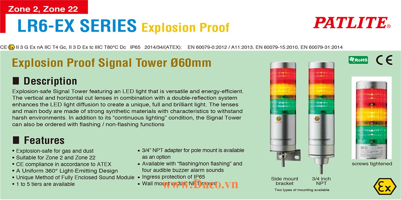 LR6-202NJBU-RG-EX Đèn tháp phòng nổ Patlite Φ60 Bóng LED 2 tầng Còi Buzzer 88dB IP65, ATEX, Zone 2