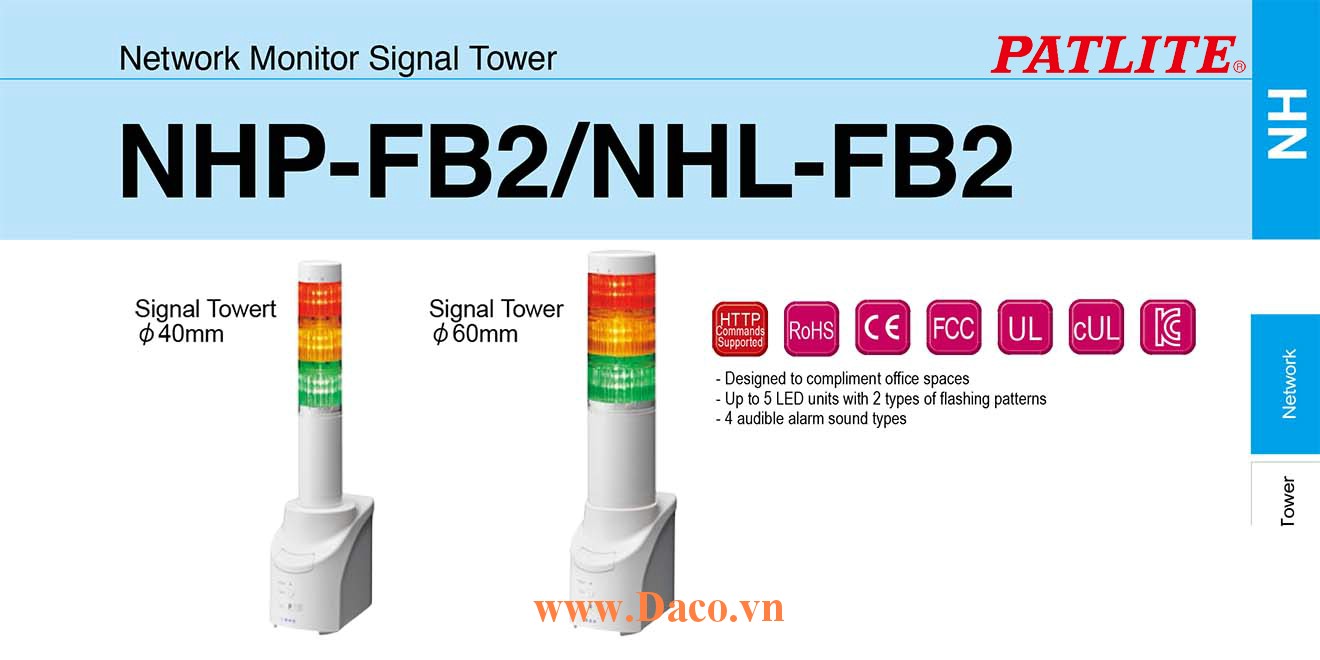 NHL-3FB2W-RYG Đèn tháp giám sát mạng LAN Patlite Φ60 Bóng LED 3 tầng Còi Buzzer IP65