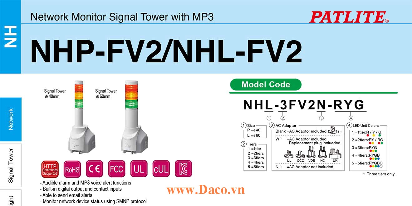 NHL-3FV2W-RYG Đèn tháp giám sát mạng LAN Patlite Φ60 Bóng LED 3 tầng Còi MP3 IP65