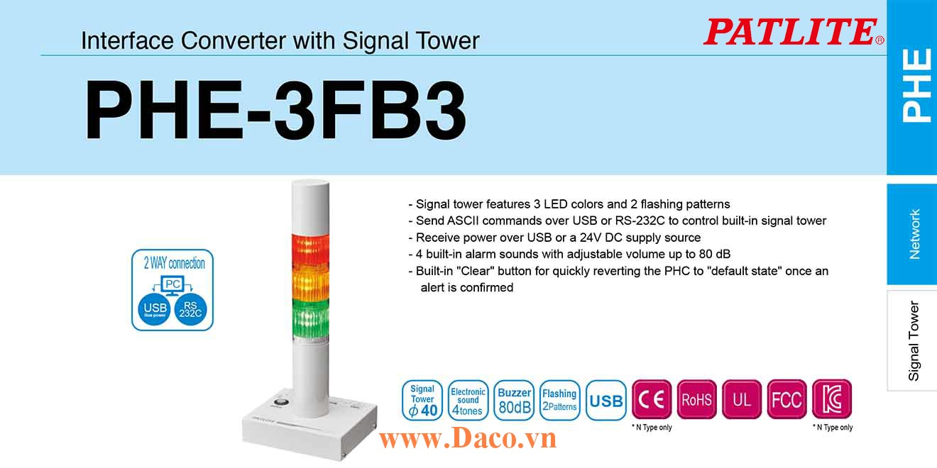 PHE-3FB3-RYG Đèn tháp điều khiển qua USB COM Patlite Φ40 Bóng LED 3 tầng Còi Buzzer 80dB IP20