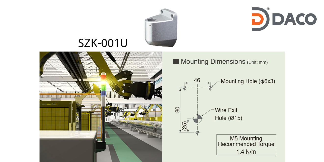 SZK-001U Chân gá đèn tháp Patlite dòng LR Gá gắn tường trụ tròn Φ22, Hợp kim nhôm