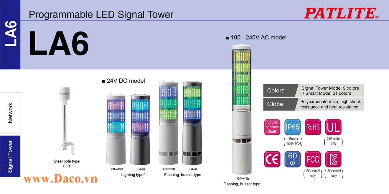 LA6-3DTNWB-RYG Đèn tháp đa màu báo hiệu Patlite Φ60 Bóng LED 3 tầng  11 âm báo 85dB IP54