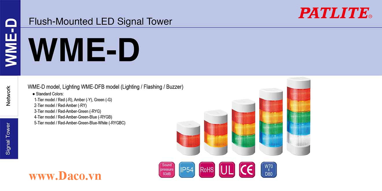 WME-402DFB-RYGB Đèn tháp gắn tường Patlite W70xD80 Bóng LED 4 tầng Còi 2 âm Buzzer 93dB IP54