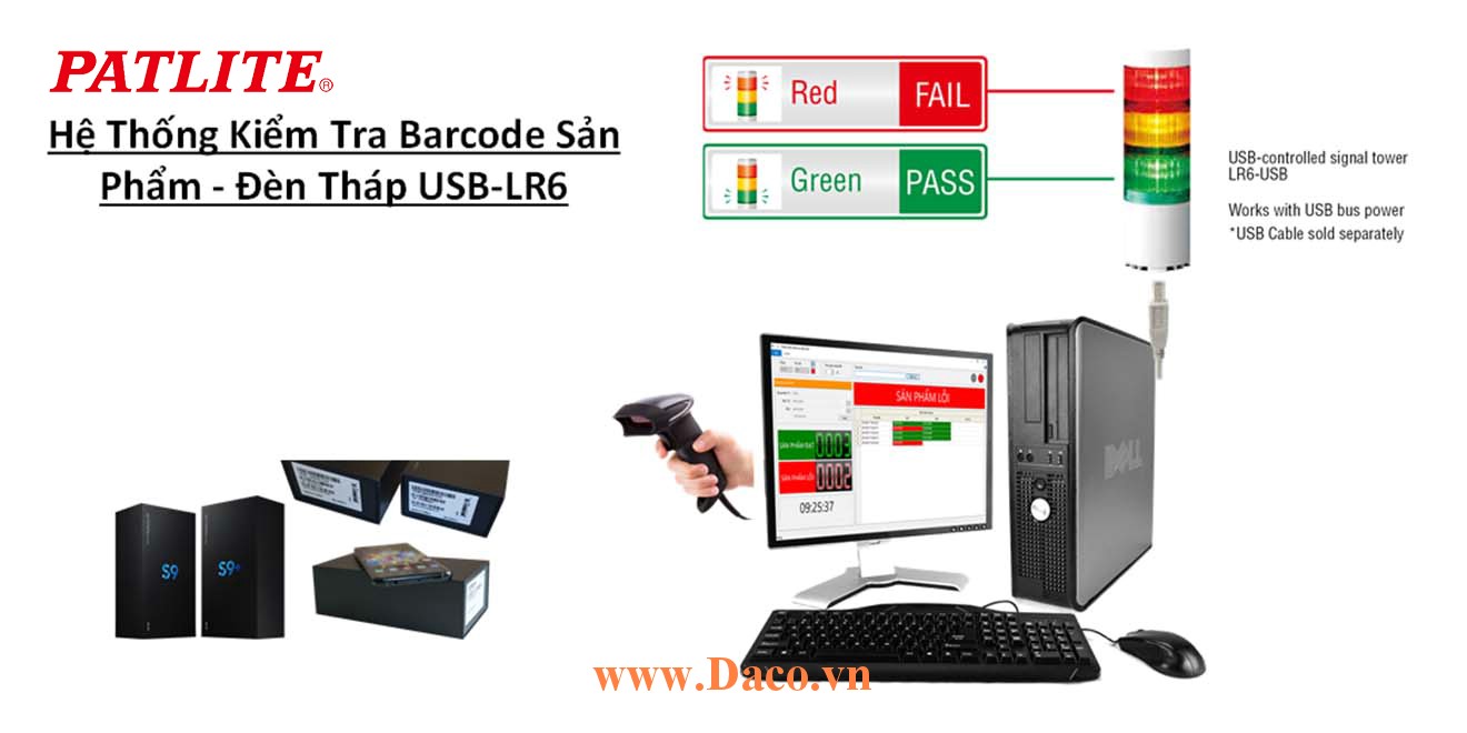 LR6-USB Ứng dụng đèn tháp điều khiển USB-Hệ thống Kiểm tra Barcode/Qrcode Sản phẩm