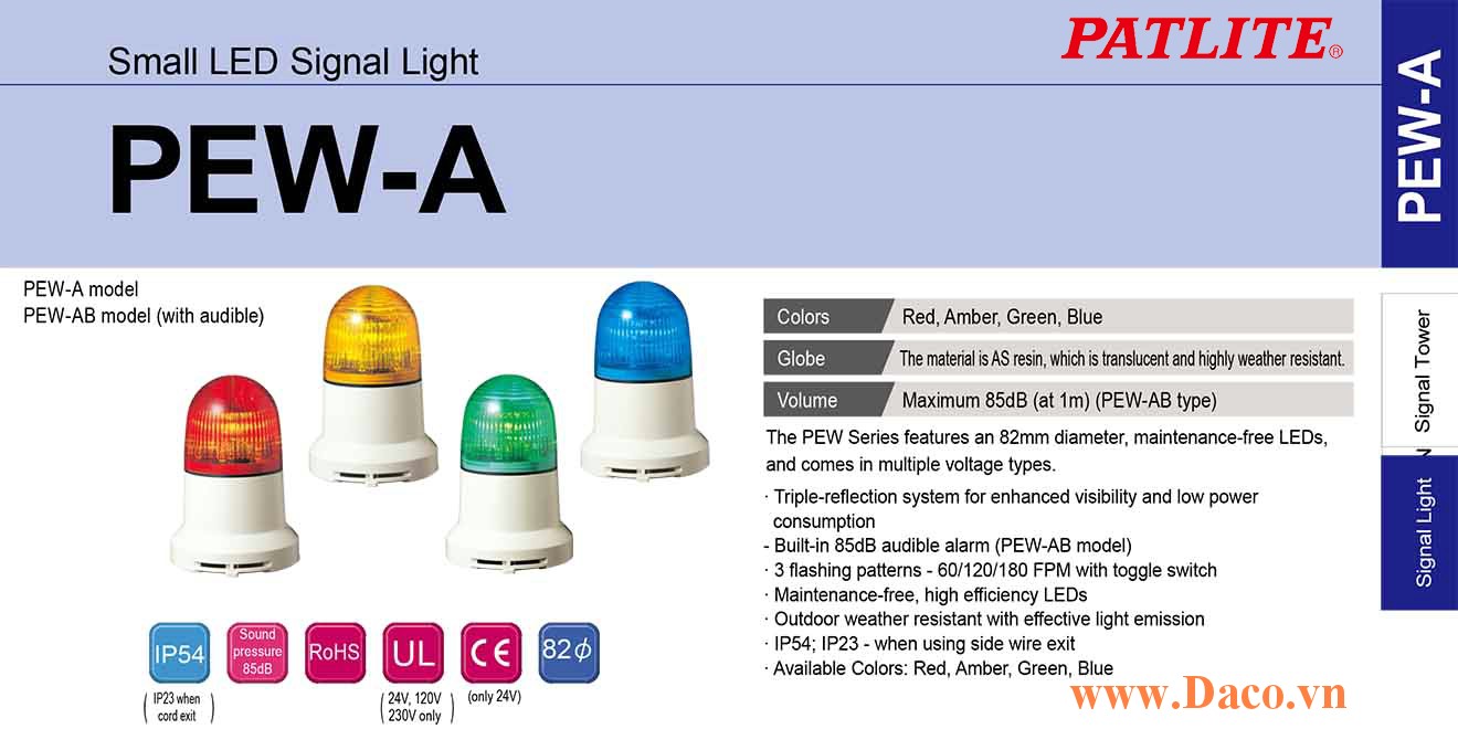 PEW-230AB-B Đèn báo nhấp nháy Patlite Φ82 Bóng LED IP23 Còi Buzzer 85dB