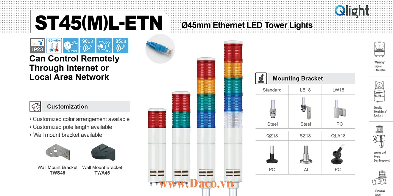 ST45ML-ETN-BZ-1-12-R Đèn tháp Ethernet Qlight Φ45 Bóng LED 1 tầng Còi 5 âm Buzzer 90dB IP23