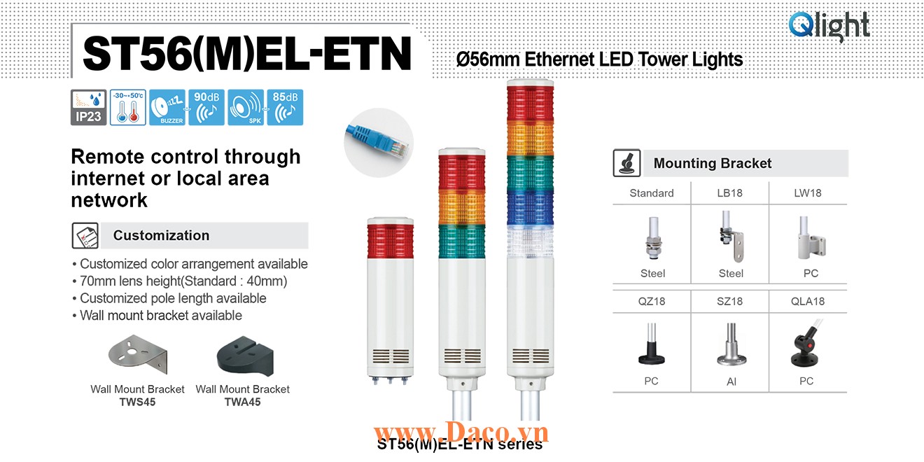 ST56EL-ETN-BZ-2-24-RG Đèn tầng Ethernet Qlight Φ56 Bóng LED 2 tầng Còi 5 âm Buzzer 90dB IP23