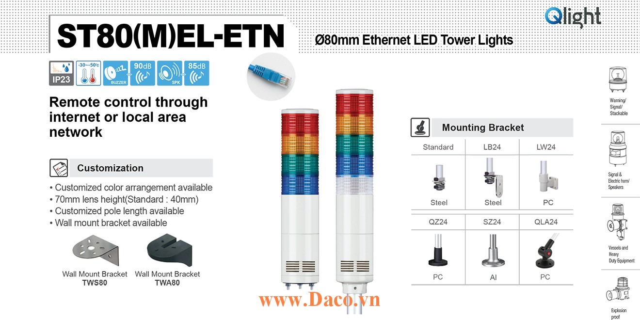 ST80EL-ETN-WS-2-24-RA-LB24 Đèn tầng Ethernet Qlight Φ80 Bóng LED 2 tầng Còi 5 âm báo 85dB IP23