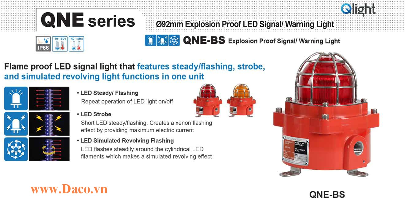 QNE-BS-120/230-R Đèn phòng nổ quay cảnh báo Qlight Φ92 Bóng LED IP66-IECEx-ATEX-KCs, 110~240VAC