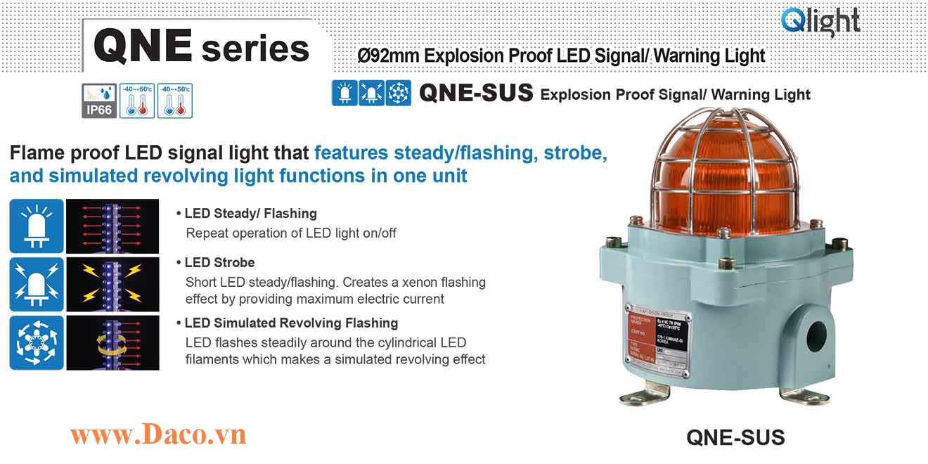 QNE-SUS-120/230-A Đèn phòng nổ quay cảnh báo Qlight Φ92 Bóng LED IP66-IECEx-ATEX-KCs, 110~240VAC