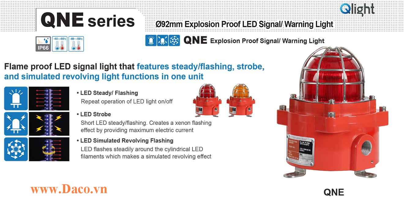 QNE-120/230-R Đèn phòng nổ quay cảnh báo Qlight Φ92 Bóng LED IP66-IECEx-ATEX-KCs, 110~240VAC