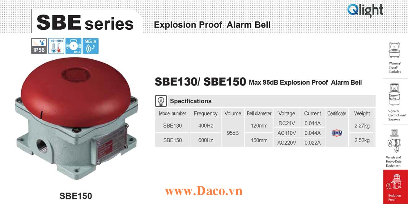 SBE150-12 Chuông báo hiệu phòng nổ Qlight Chuông báo 95dB IP56, KIMM, 12VDC