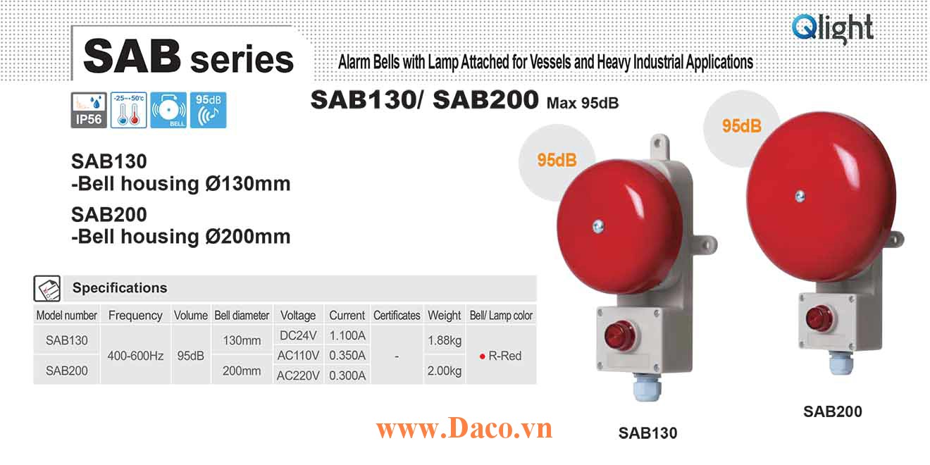 SAB130-220 Chuông báo động có đèn báo Qlight Chuông 400-600Hz, 95dB IP56, 220VAC