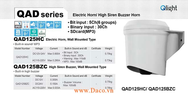QAD125BZC-24 Còi báo hiệu Qlight gắn tường Còi Buzzer 105dB IP65, 24VDC